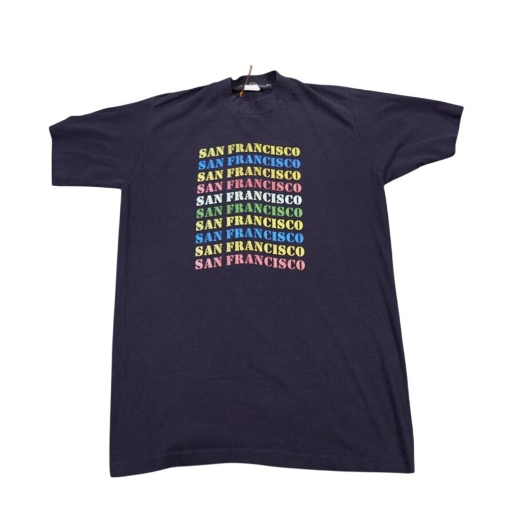 VTG‎ Velva Sheen T-Shirt Men Large Blue San Francisco Rainbow Stacked Graphic